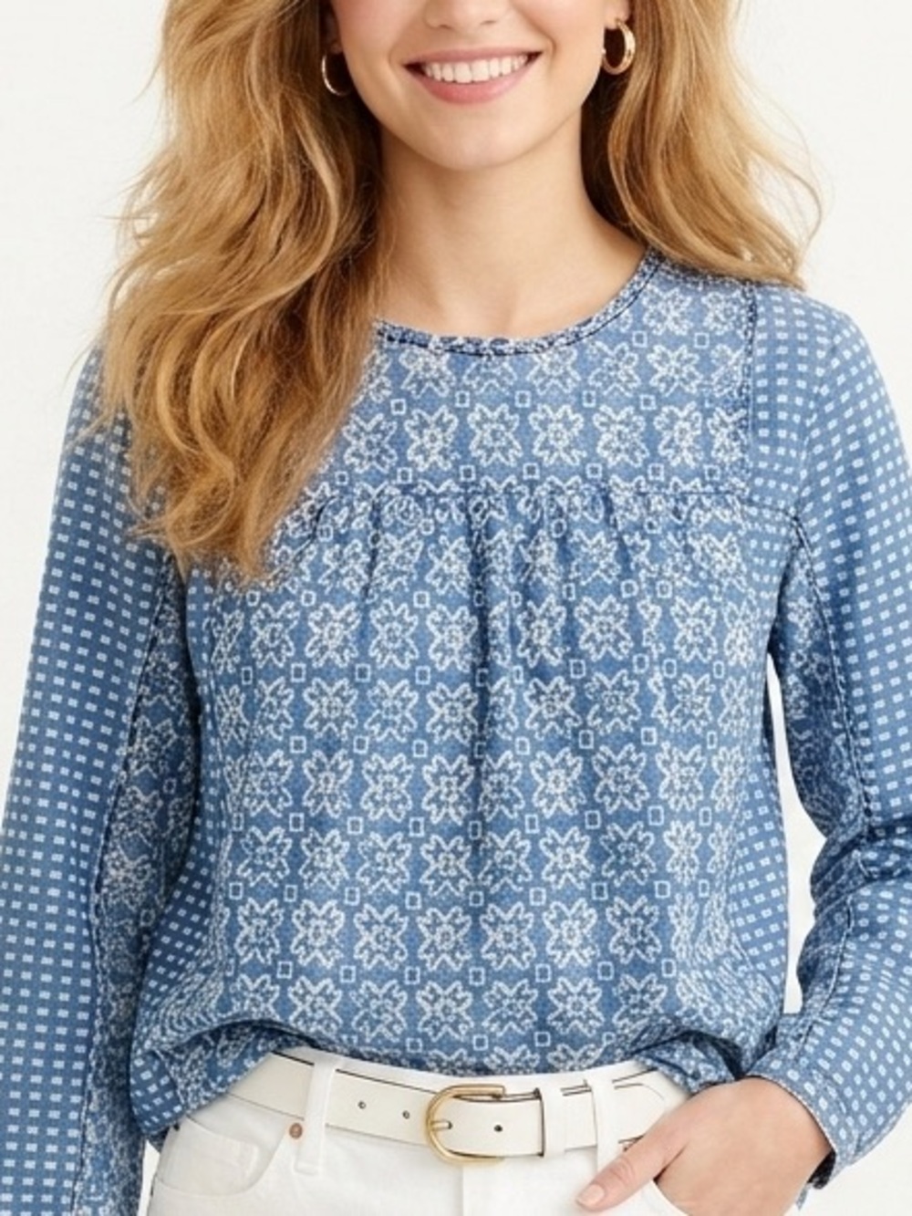 J.CREW 100% Cotton Batik Woven Chambray Artsy Boho Coastal Blouse Top Women 6 S